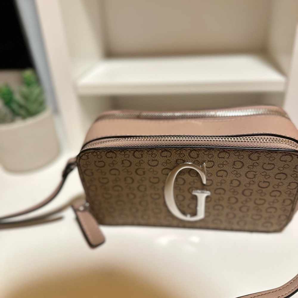 G by Guess Tan Crossbody Bag with Monogram Design and Metallic Emblem